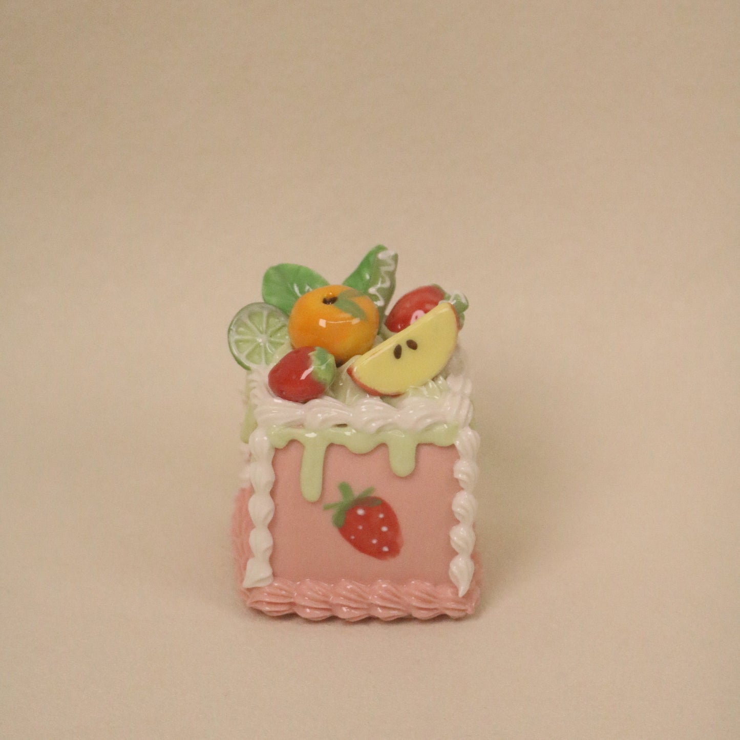 Cute Square Ceramic Cake Ornament, Handmade Dessert Sculpture