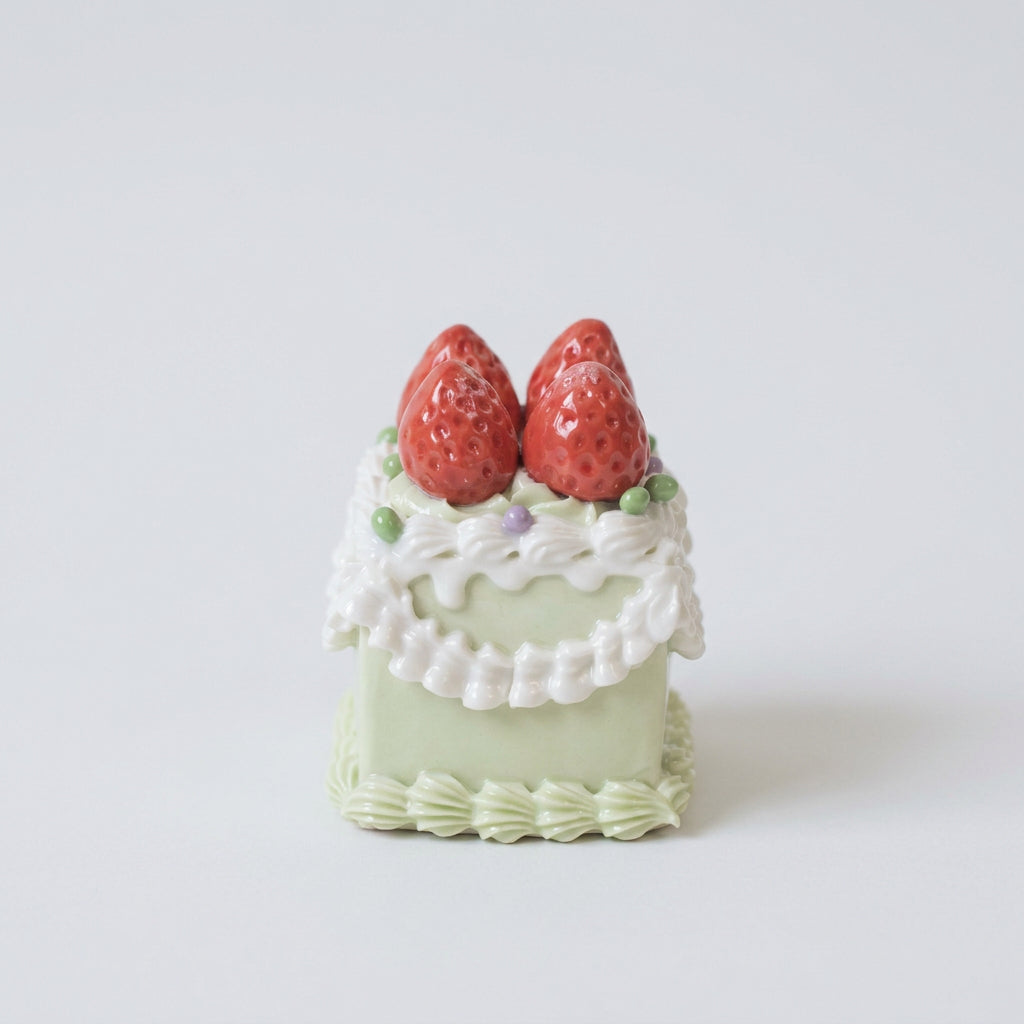 Handmade Ceramic Pistachio Flavor Fruit Cake Strawberry Topper Square Decorative Piece