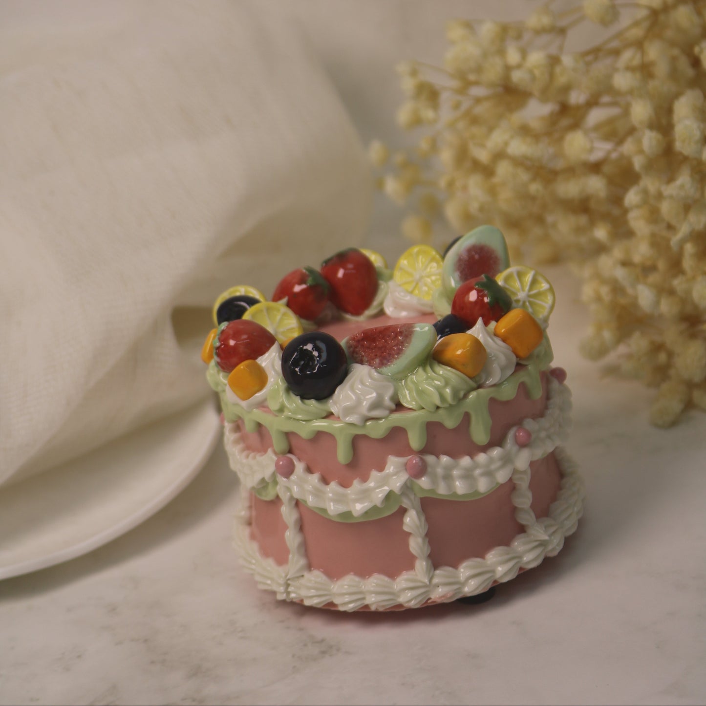 Handmade Ceramic Strawberry Fruit Round Cake Decoration