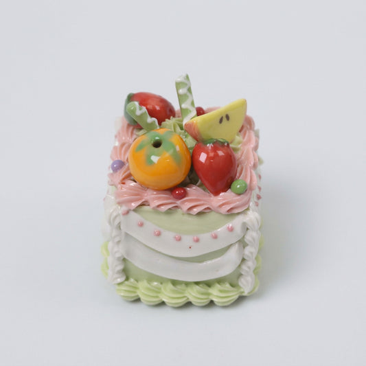 Cute Ceramic Cake Ornament, Square Handmade Dessert Decor