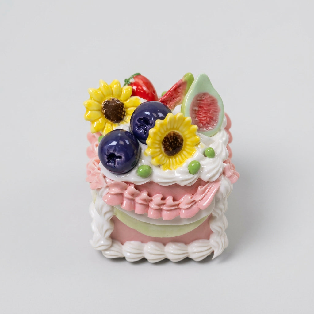 Square Fake Cake Decor, Artisan Ceramic Fruit Cream Sculpture