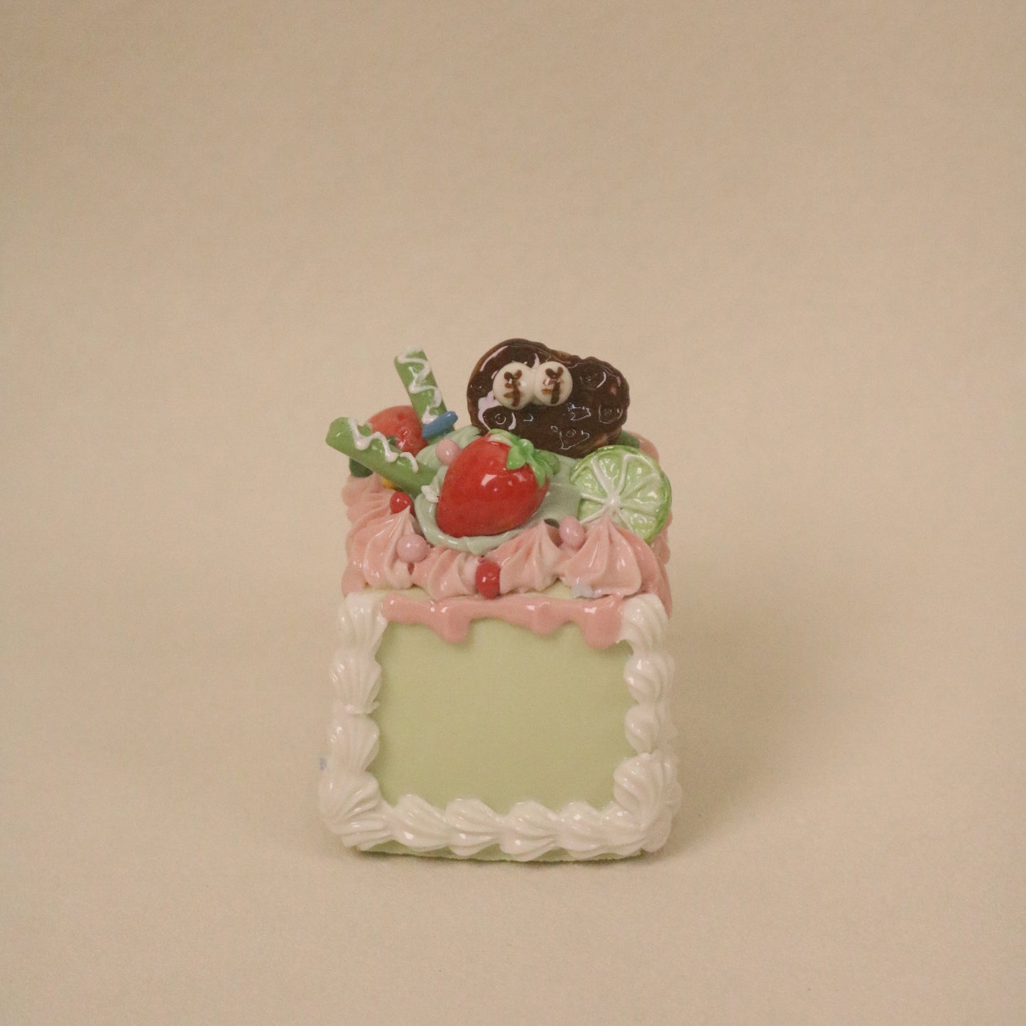 Cute Handmade Ceramic Cake Topper – Square Fruit Cream Dessert Decor