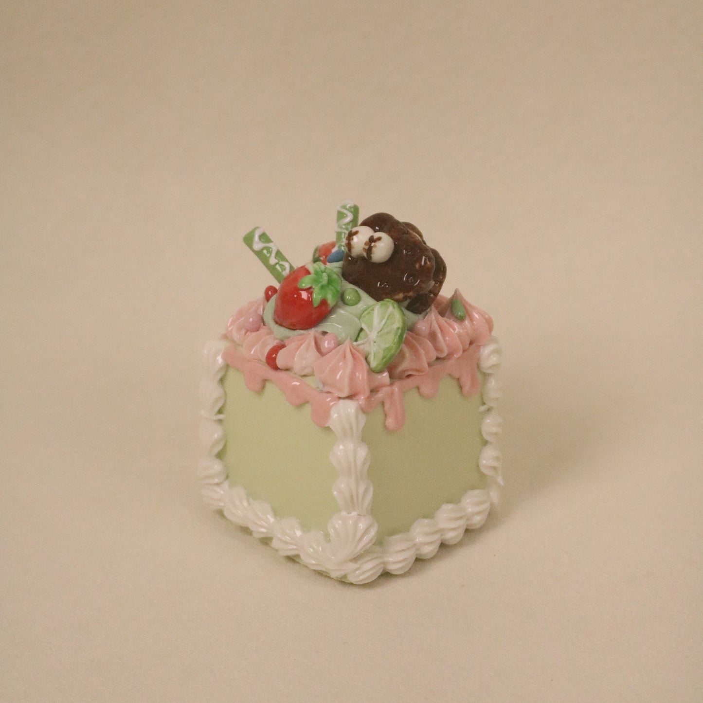 Cute Handmade Ceramic Cake Topper – Square Fruit Cream Dessert Decor