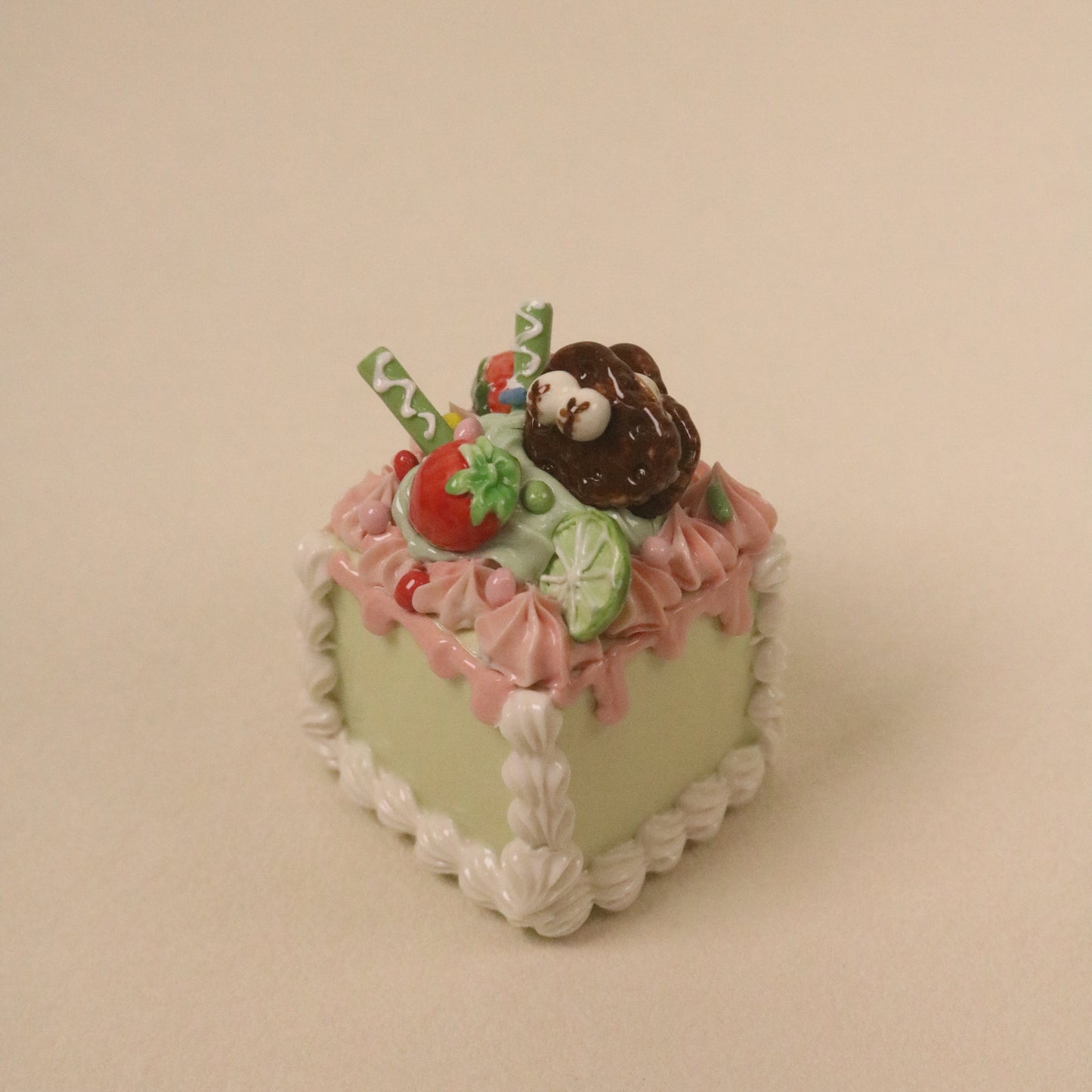 Cute Handmade Ceramic Cake Topper – Square Fruit Cream Dessert Decor