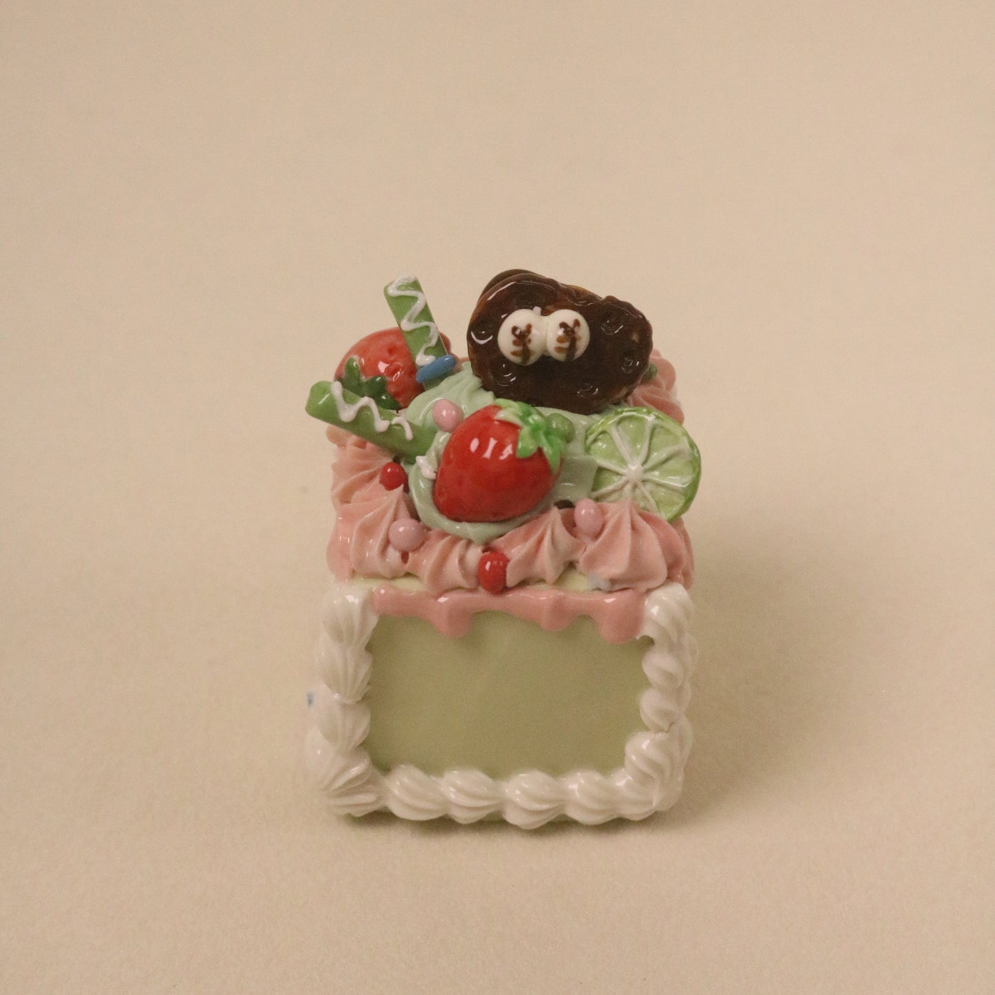 Cute Handmade Ceramic Cake Topper – Square Fruit Cream Dessert Decor