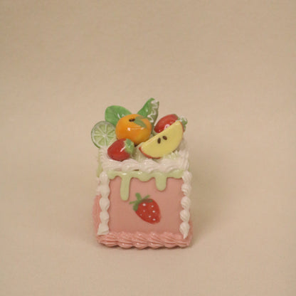 Cute Square Ceramic Cake Ornament, Handmade Dessert Sculpture