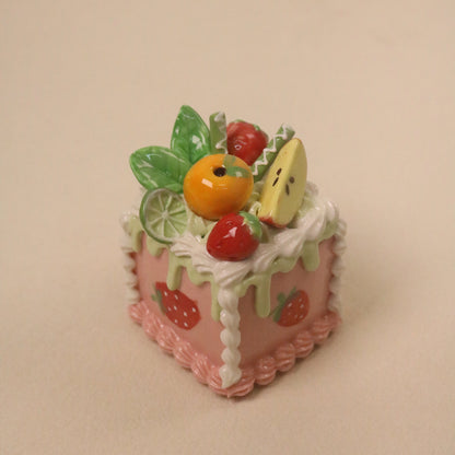 Cute Square Ceramic Cake Ornament, Handmade Dessert Sculpture