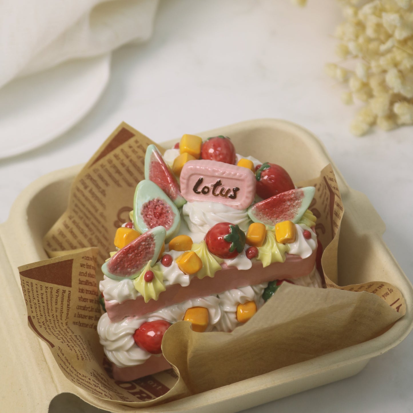 Handcrafted Artistic High-Temperature Firing of Triangular-Sliced Strawberry Ceramic Cake