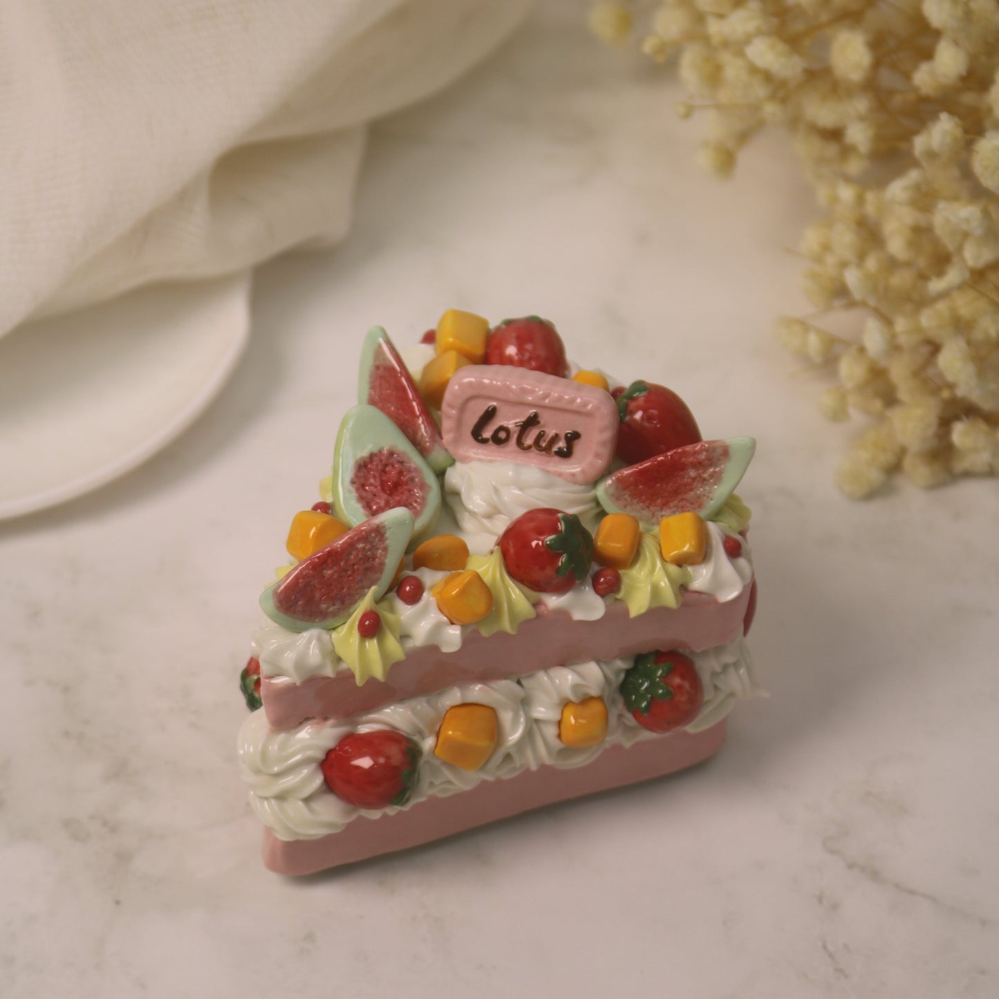 Handcrafted Artistic High-Temperature Firing of Triangular-Sliced Strawberry Ceramic Cake