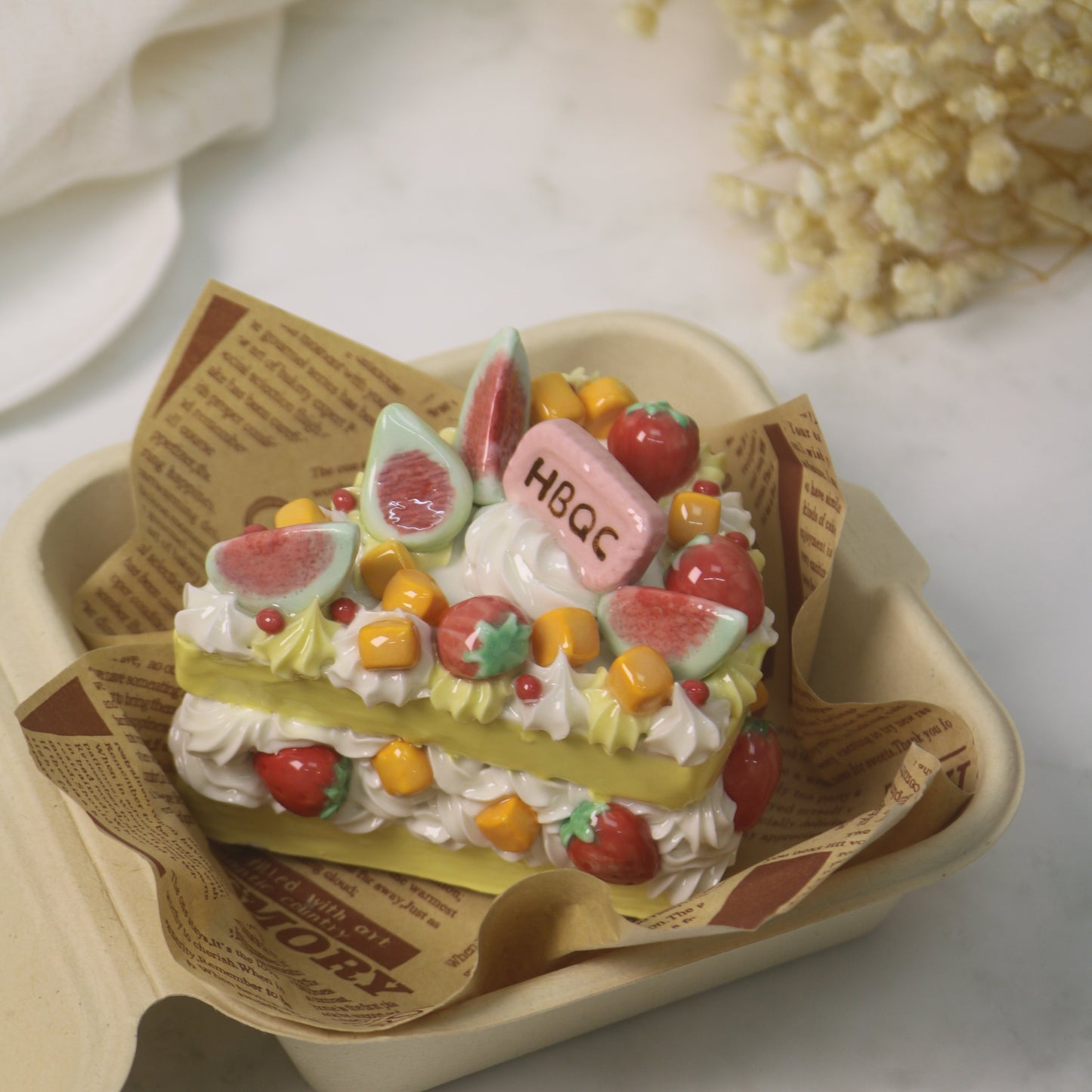 Handcrafted Artistic High-Temperature Firing of Triangular-Sliced Strawberry Ceramic Cake