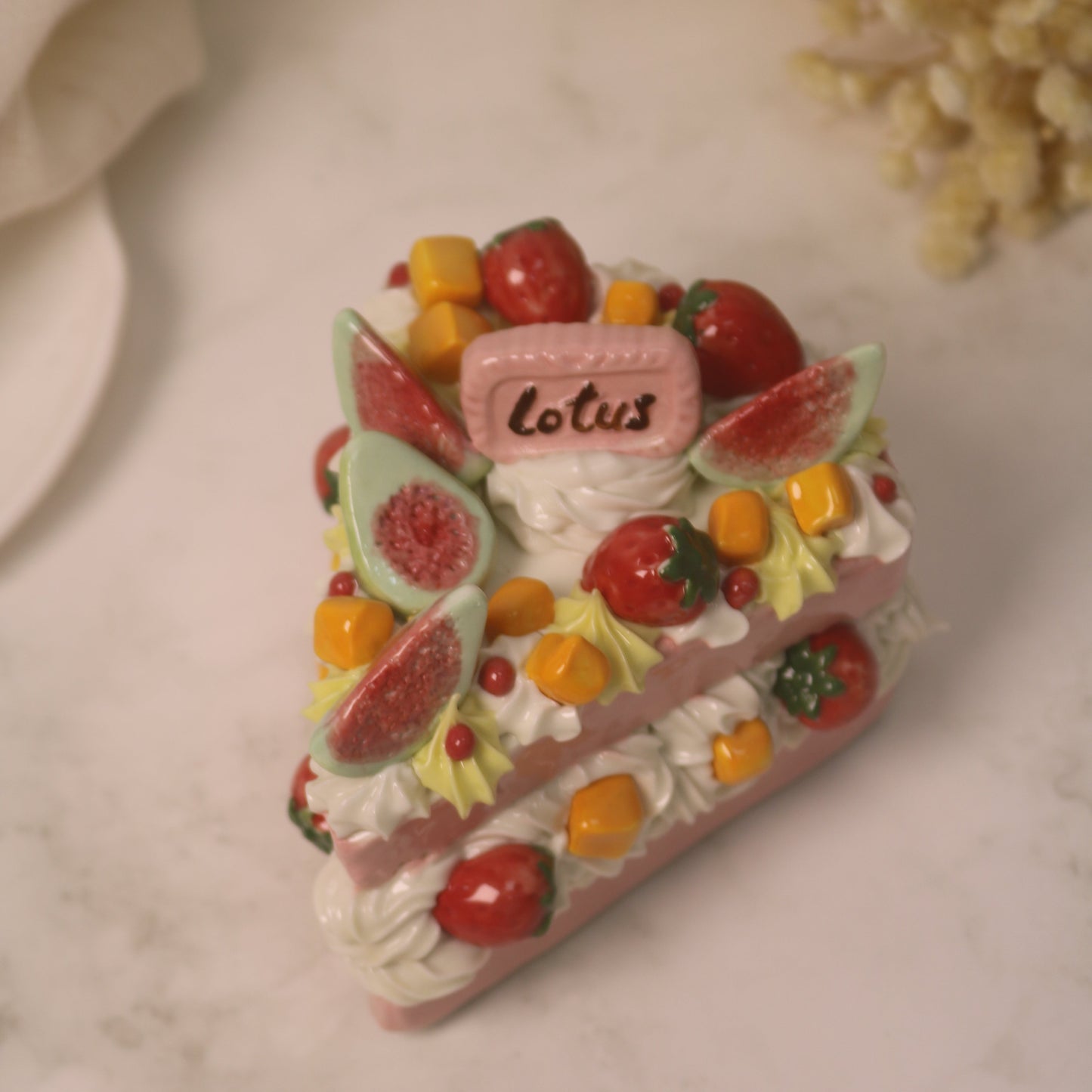 Handcrafted Artistic High-Temperature Firing of Triangular-Sliced Strawberry Ceramic Cake