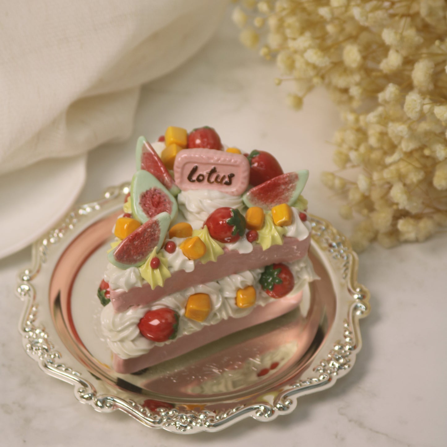 Handcrafted Artistic High-Temperature Firing of Triangular-Sliced Strawberry Ceramic Cake