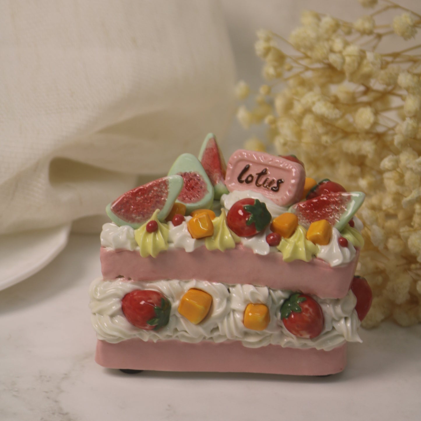 Handcrafted Artistic High-Temperature Firing of Triangular-Sliced Strawberry Ceramic Cake