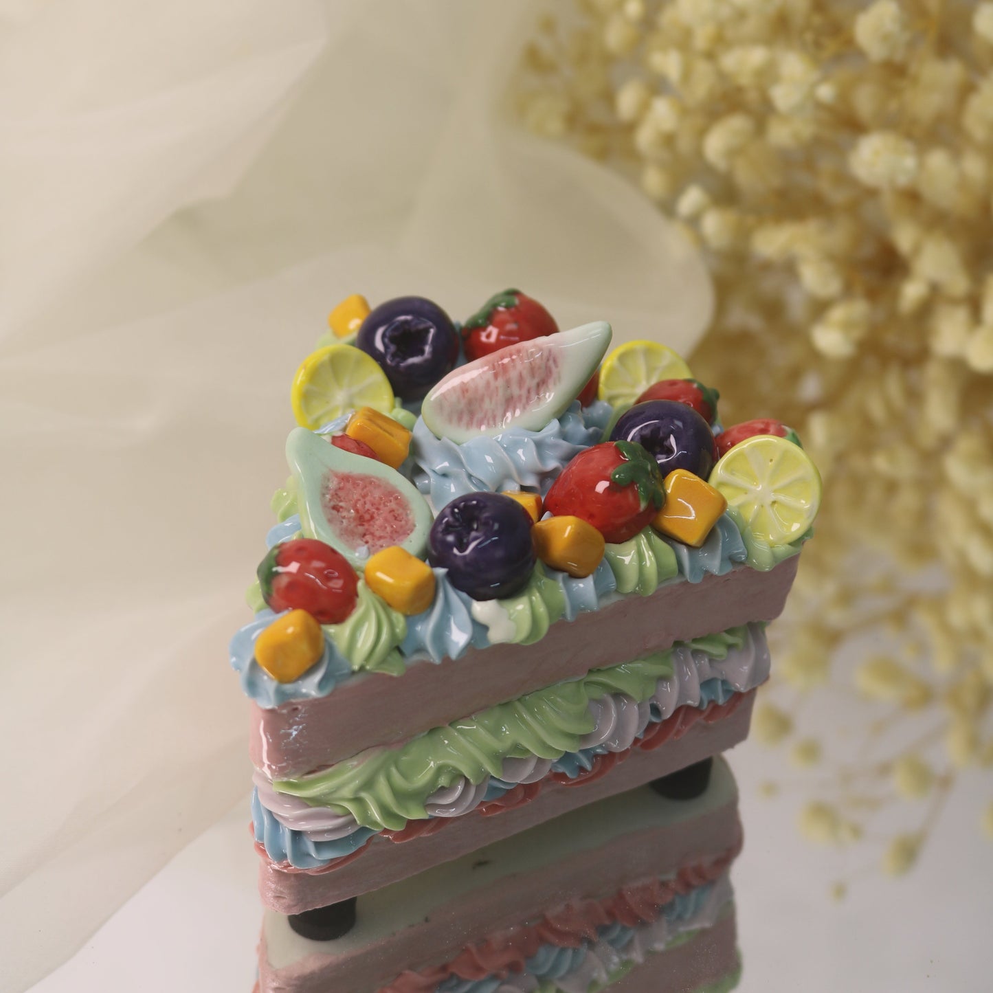 Handmade Ceramic "Cloud Nine" Cake Slice, Fig & Berry Pastel Dream, Whimsical Tabletop Art (CLAYYING)