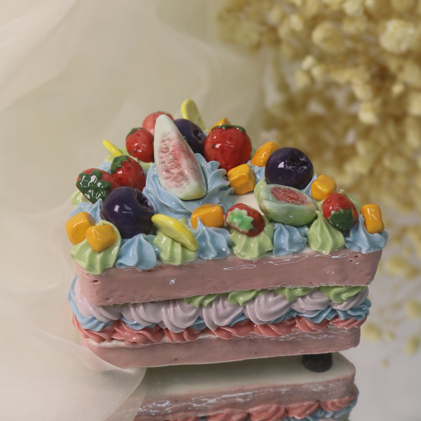 Handmade Ceramic "Cloud Nine" Cake Slice, Fig & Berry Pastel Dream, Whimsical Tabletop Art (CLAYYING)