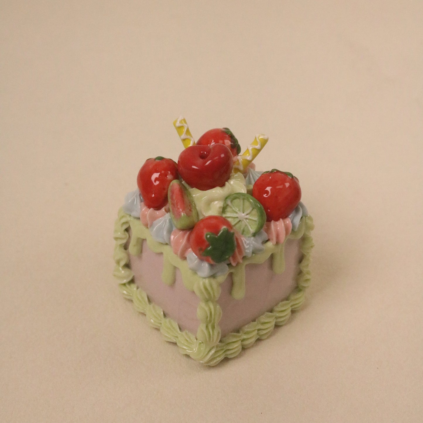 Handmade Ceramic Fake Cake Decor, Square Fruit Cream Mini Cake Ornament