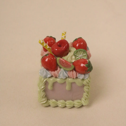 Handmade Ceramic Fake Cake Decor, Square Fruit Cream Mini Cake Ornament
