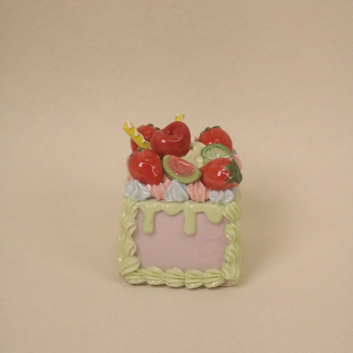 Handmade Ceramic Fake Cake Decor, Square Fruit Cream Mini Cake Ornament
