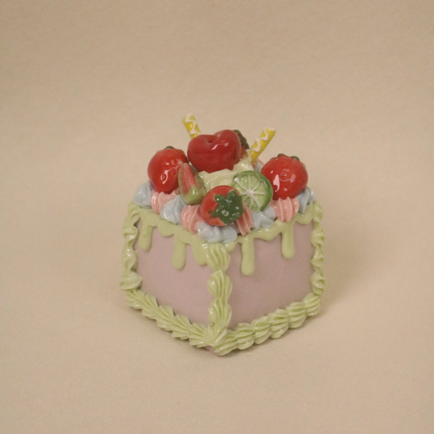 Handmade Ceramic Fake Cake Decor, Square Fruit Cream Mini Cake Ornament