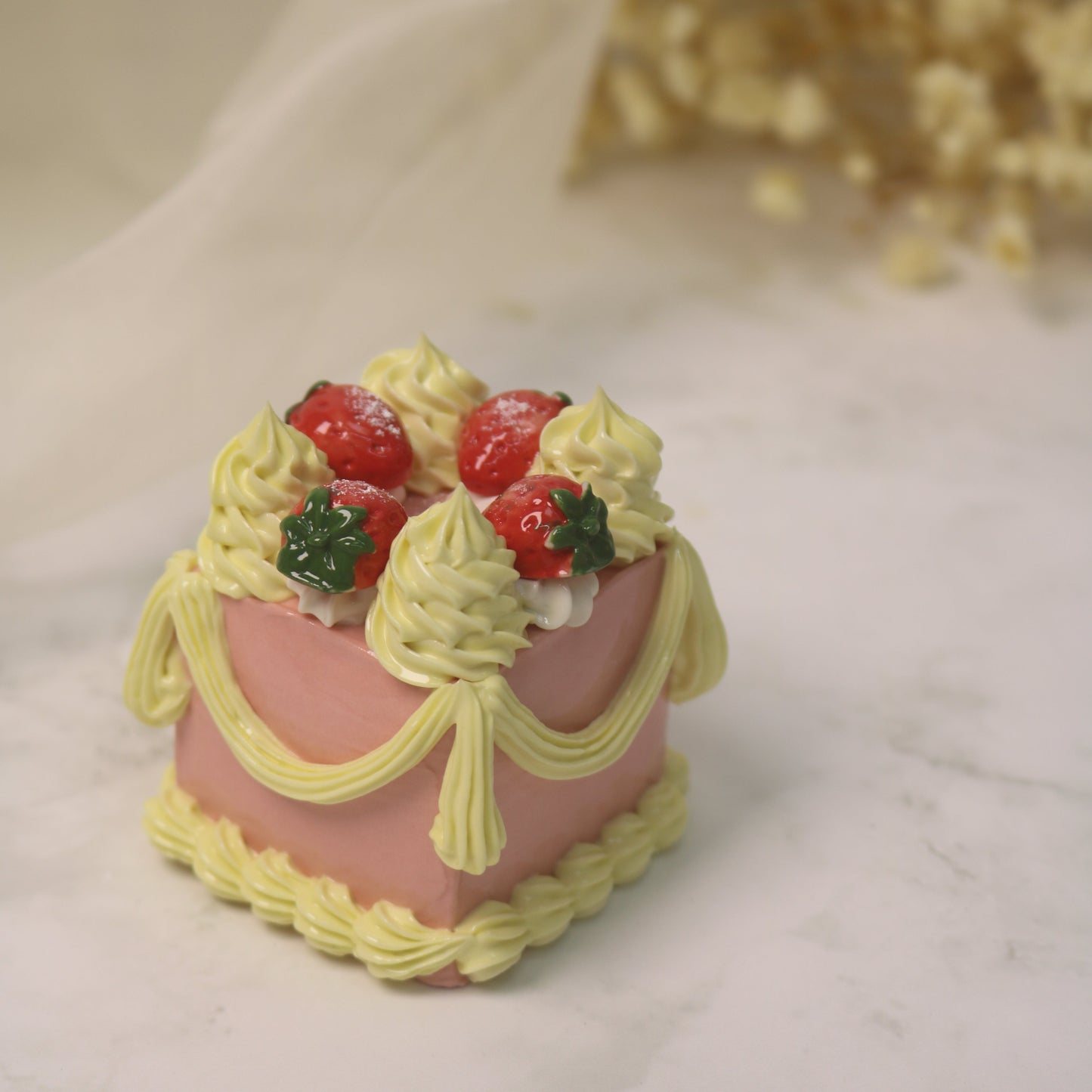 Handmade Ceramic "Petit Pink" Square Cake, Delicate Rose Icing Petite Four, Gentle Soul Tabletop Art