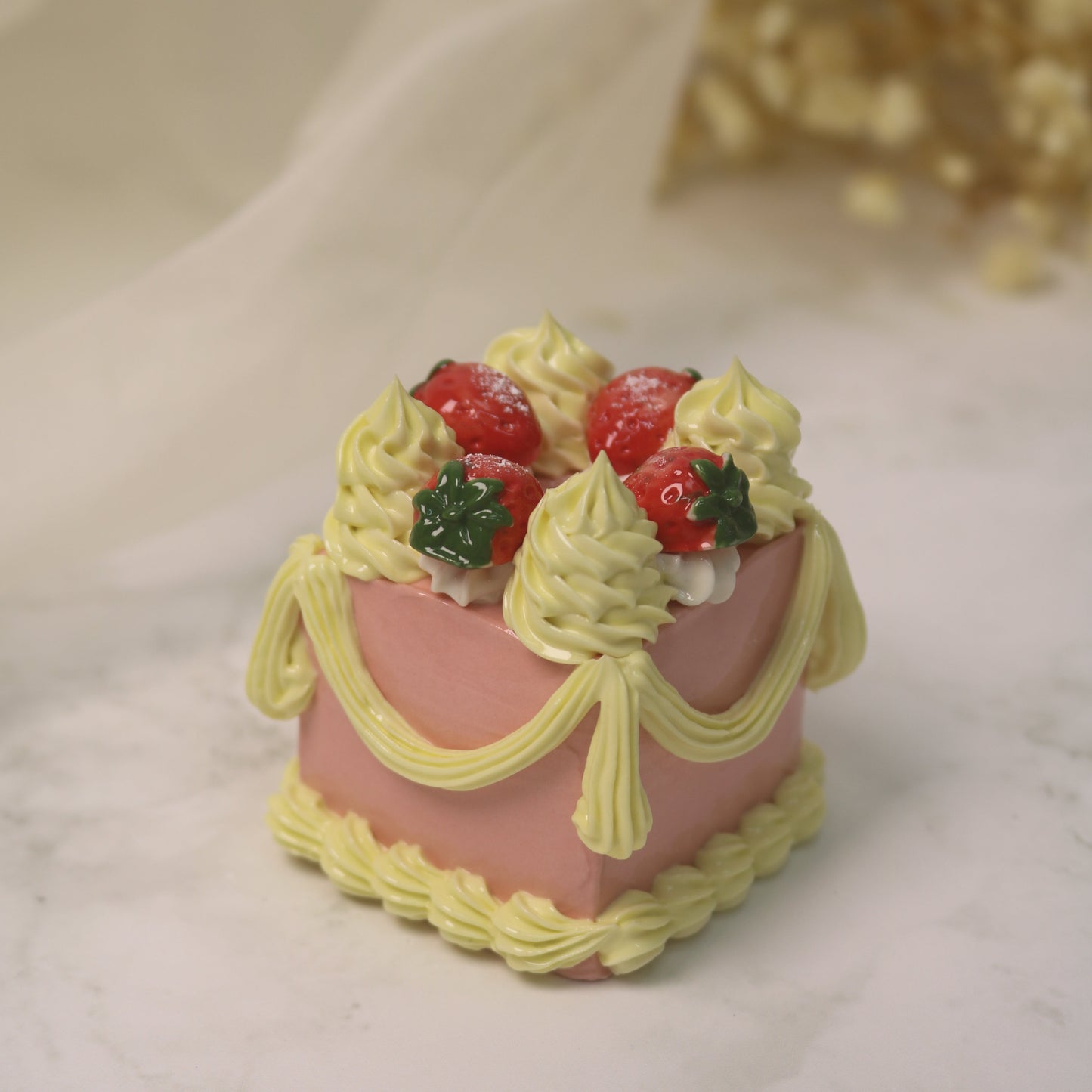 Handmade Ceramic "Petit Pink" Square Cake, Delicate Rose Icing Petite Four, Gentle Soul Tabletop Art