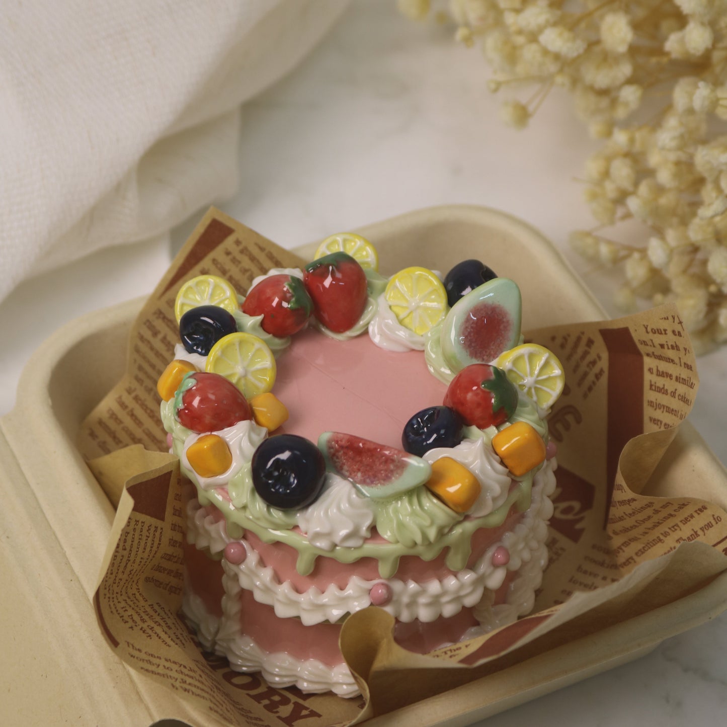 Handmade Ceramic Strawberry Fruit Round Cake Decoration