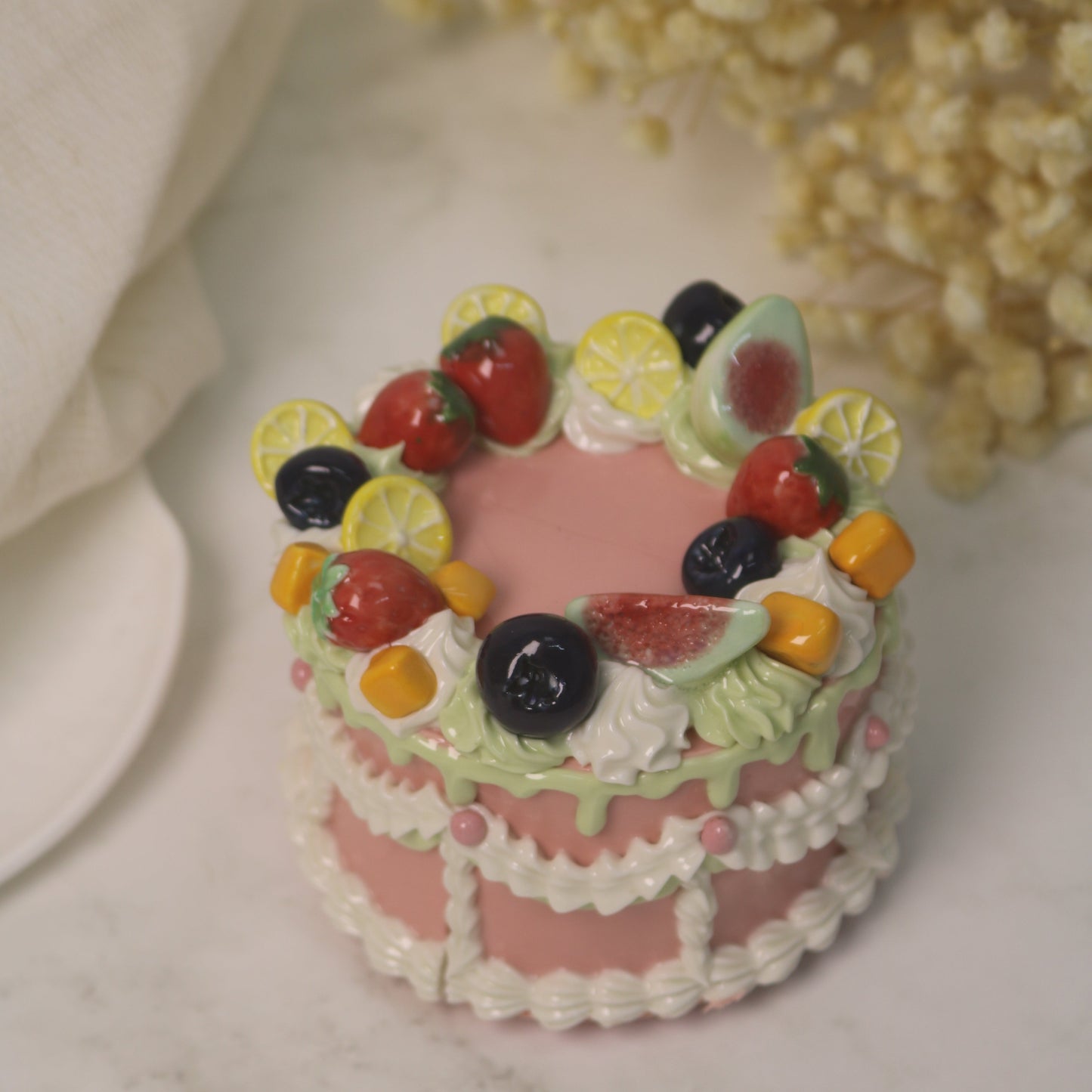 Handmade Ceramic Strawberry Fruit Round Cake Decoration
