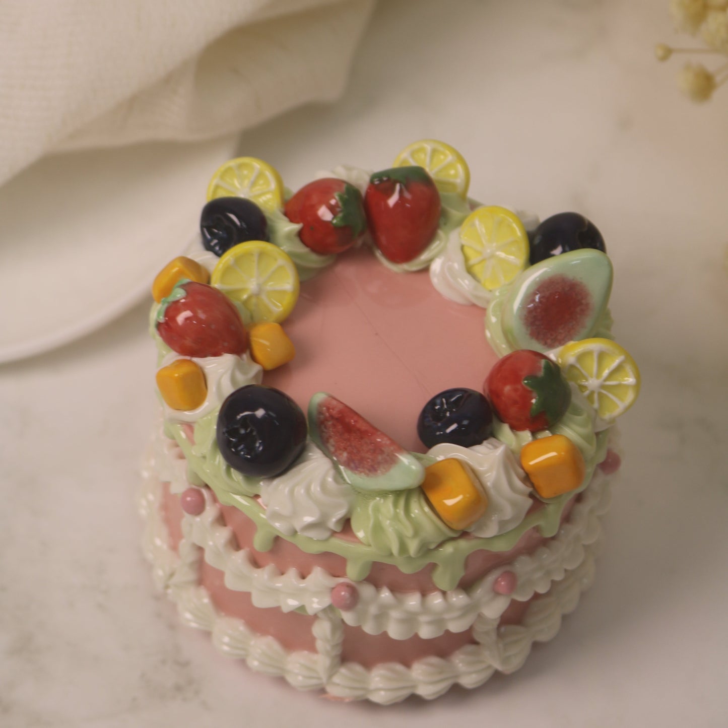 Handmade Ceramic Strawberry Fruit Round Cake Decoration