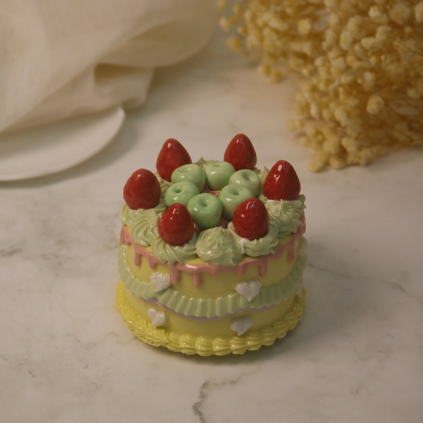 Handmade Decorated Lemon Vanilla Strawberry Ceramic Cake