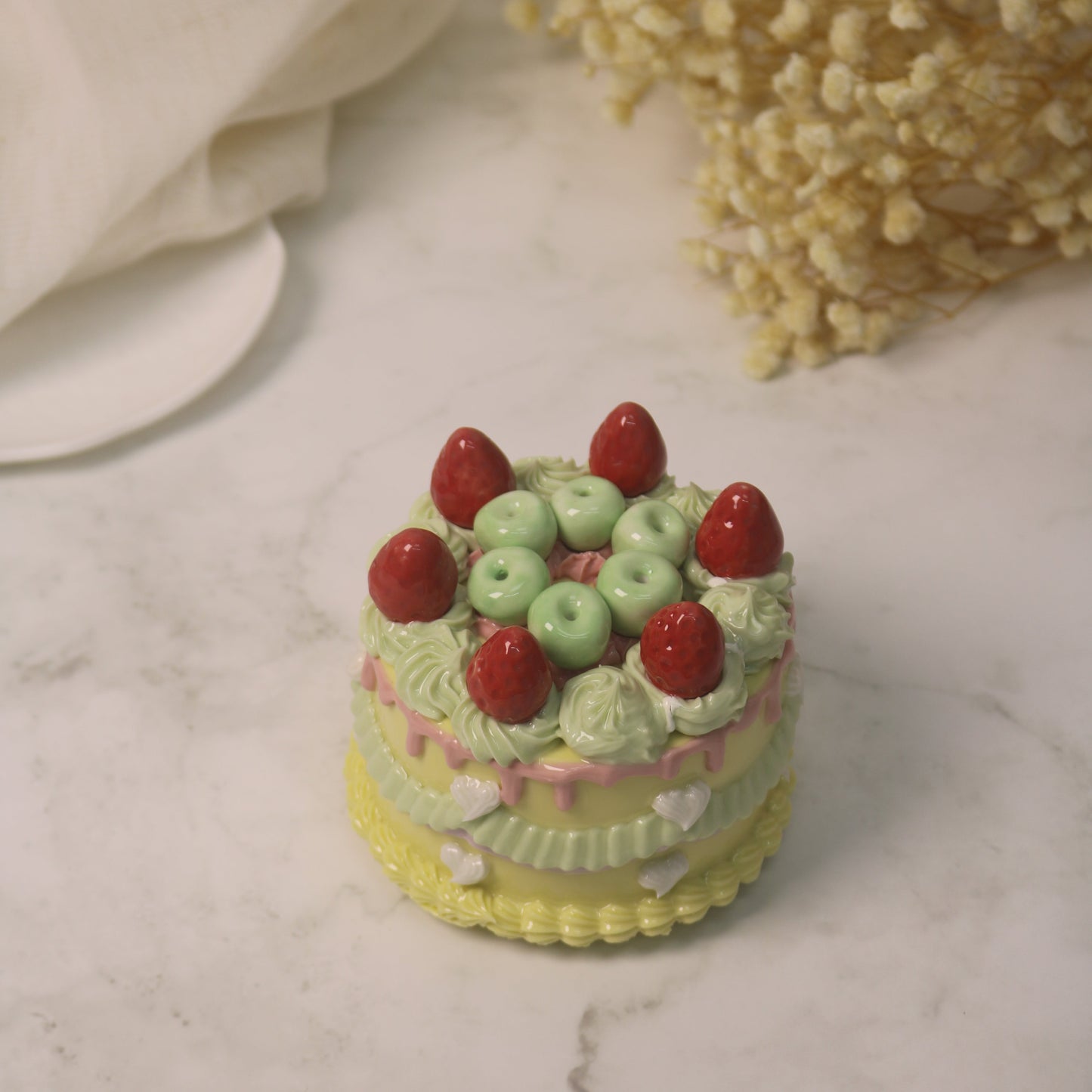 Handmade Decorated Lemon Vanilla Strawberry Ceramic Cake