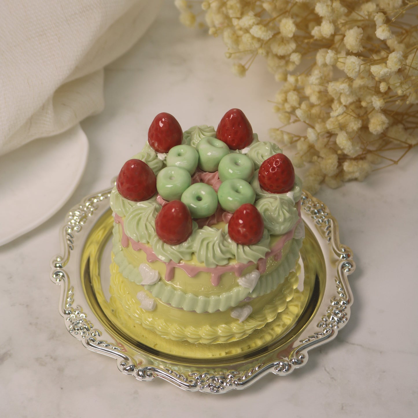 Handmade Decorated Lemon Vanilla Strawberry Ceramic Cake