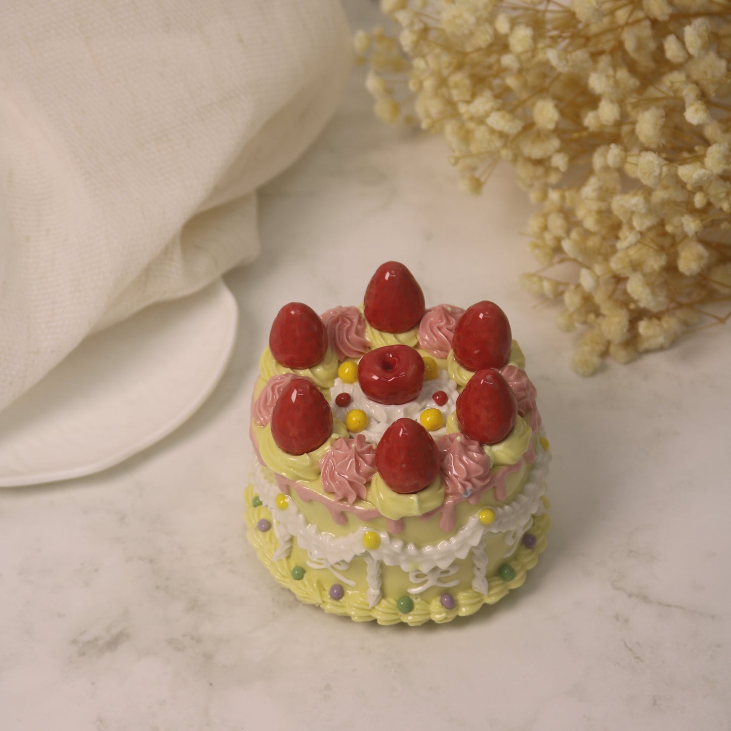 Handmade Decorated Lemon Vanilla Strawberry Cherry Ceramic Cake