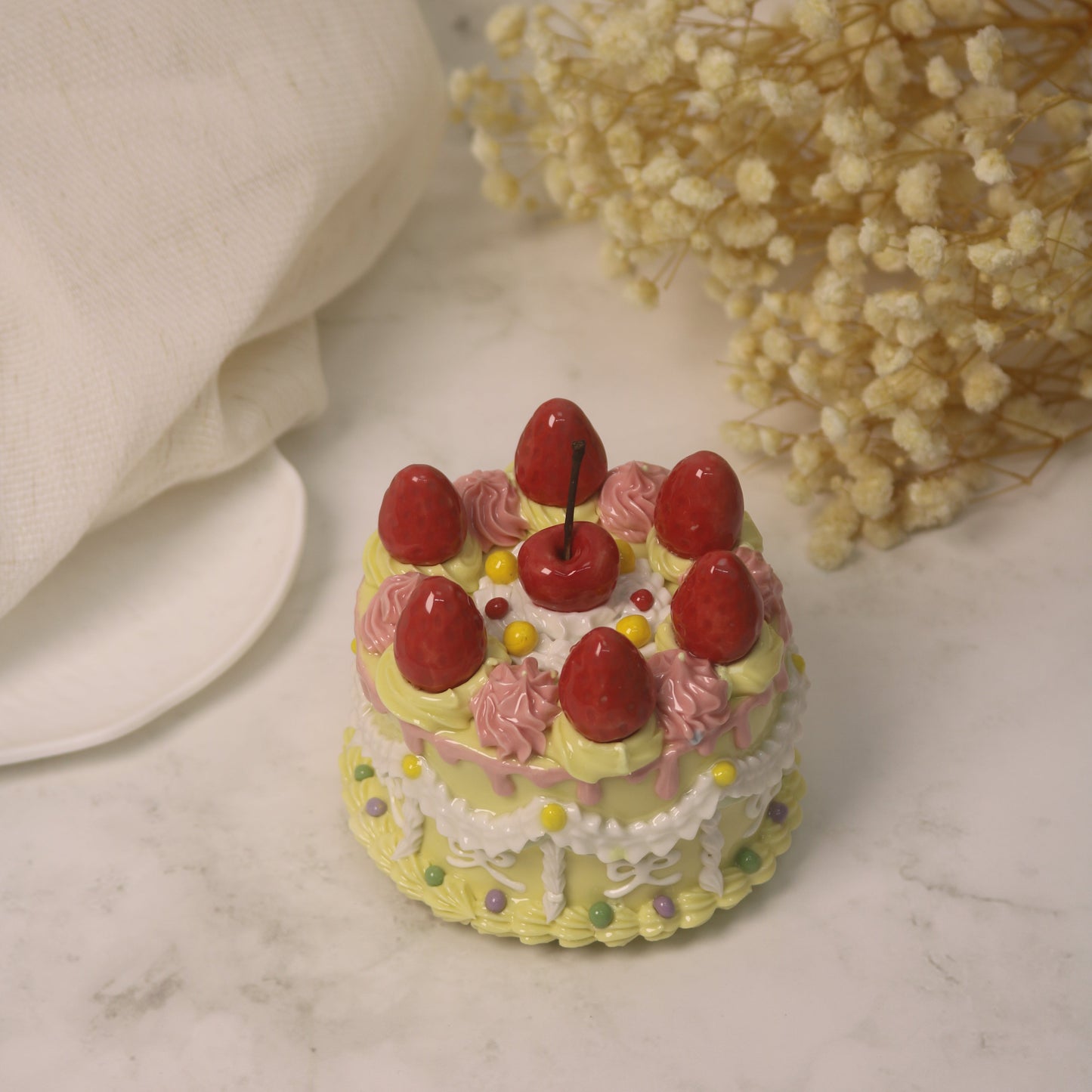 Handmade Decorated Lemon Vanilla Strawberry Cherry Ceramic Cake