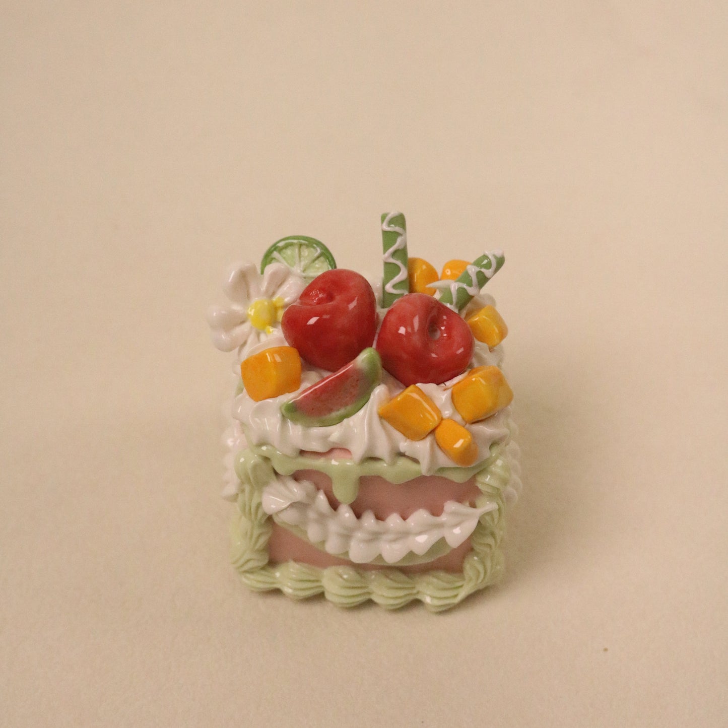 Handmade Dessert Sculpture, Square Ceramic Cake Art Ornament