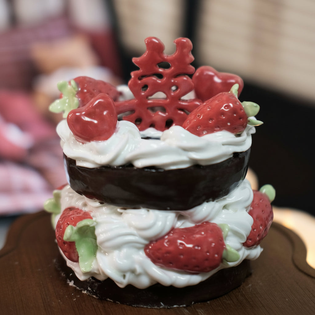 Decorative cake with red and white elements on a wooden surface