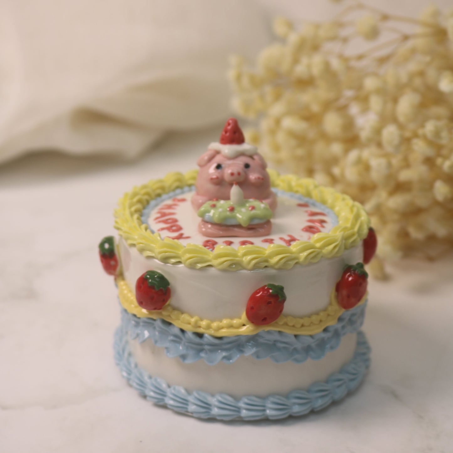 Handmade Ceramic Cake Trinket Box | Cute Strawberry Pig Design | Decorative Pottery Gift