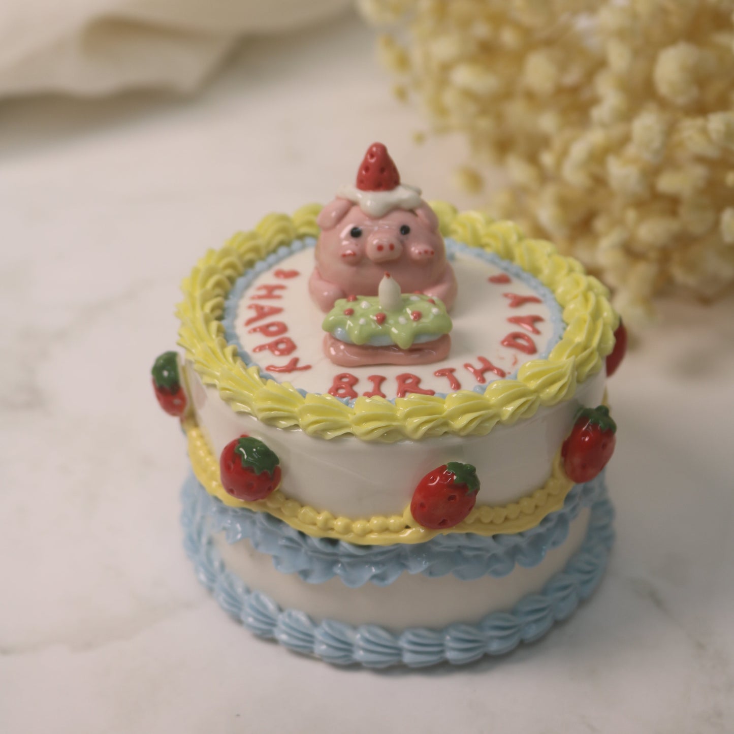 Handmade Ceramic Cake Trinket Box | Cute Strawberry Pig Design | Decorative Pottery Gift