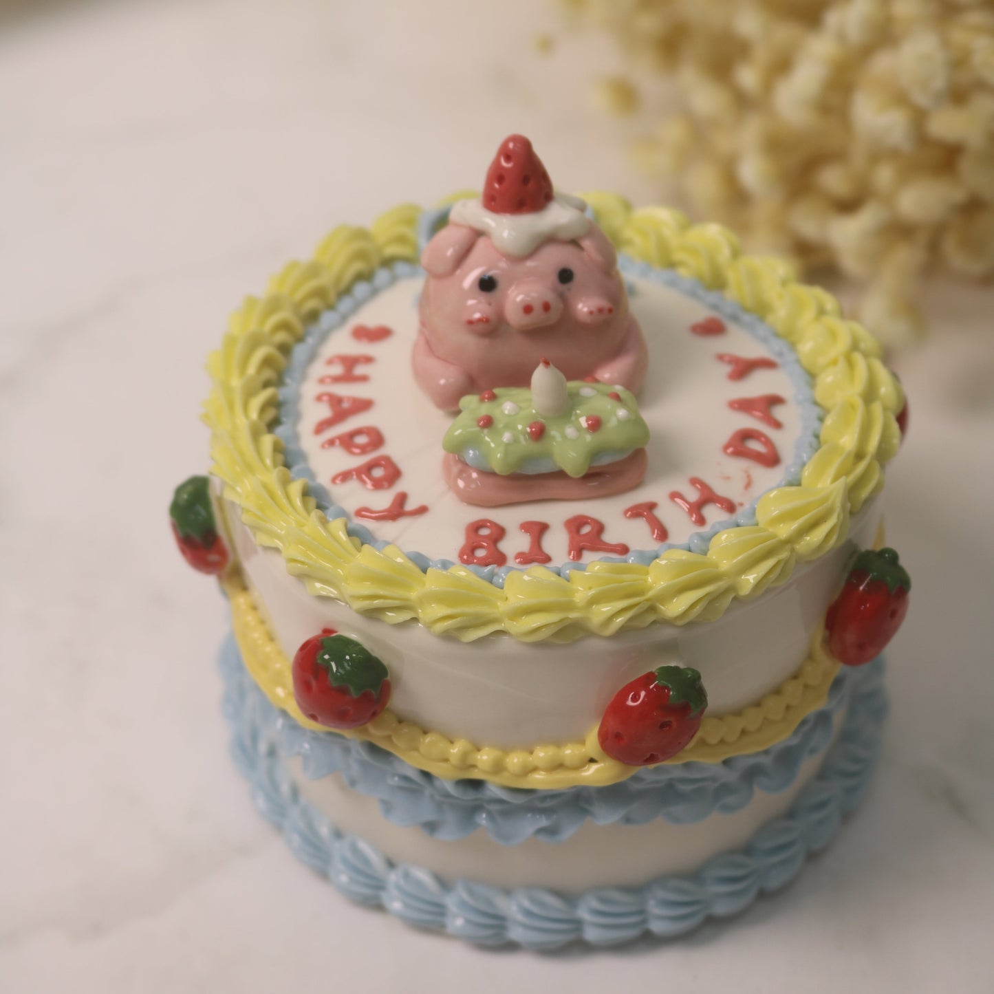 Handmade Ceramic Cake Trinket Box | Cute Strawberry Pig Design | Decorative Pottery Gift