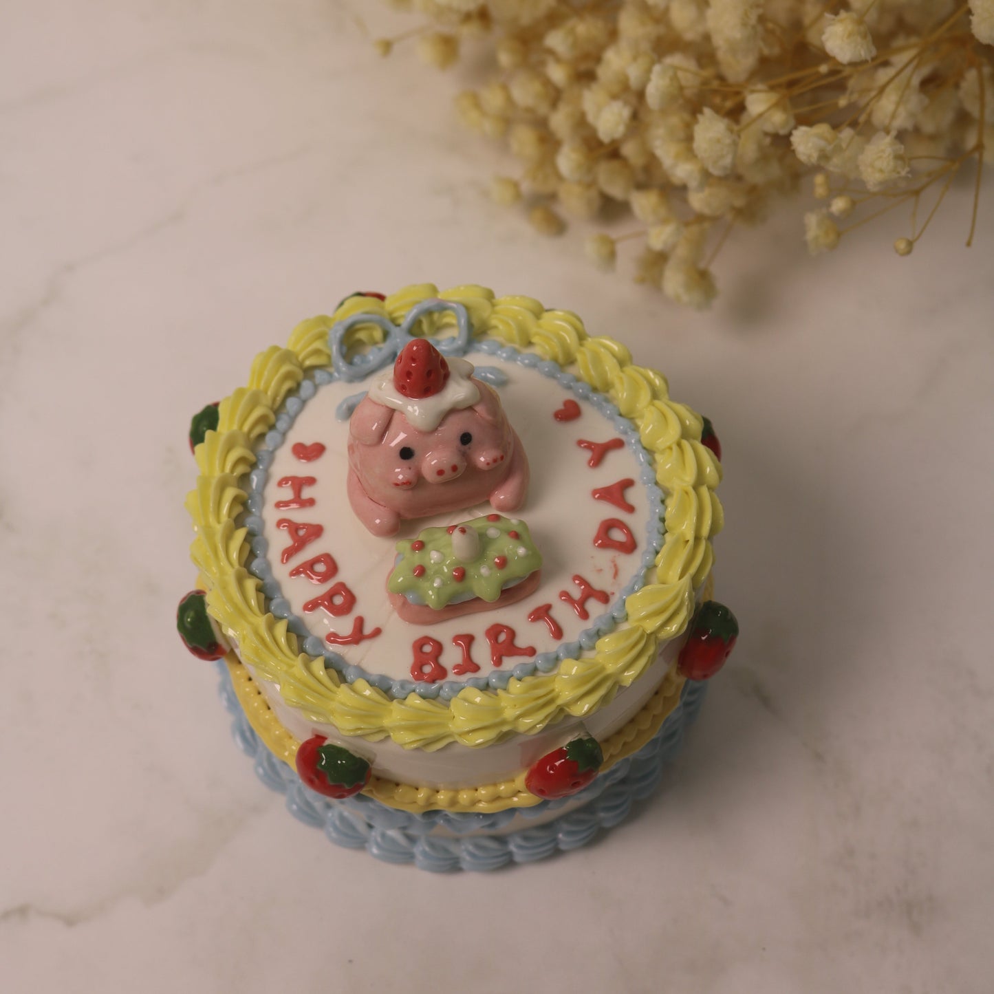 Handmade Ceramic Cake Trinket Box | Cute Strawberry Pig Design | Decorative Pottery Gift