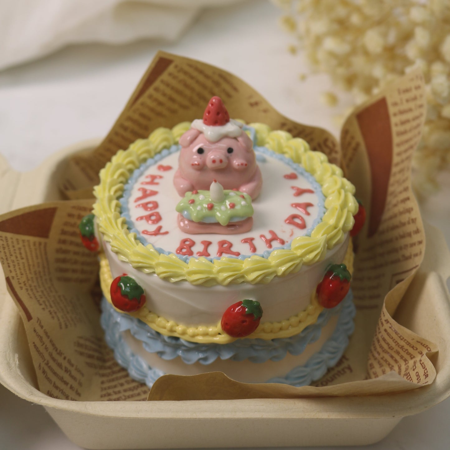 Handmade Ceramic Cake Trinket Box | Cute Strawberry Pig Design | Decorative Pottery Gift