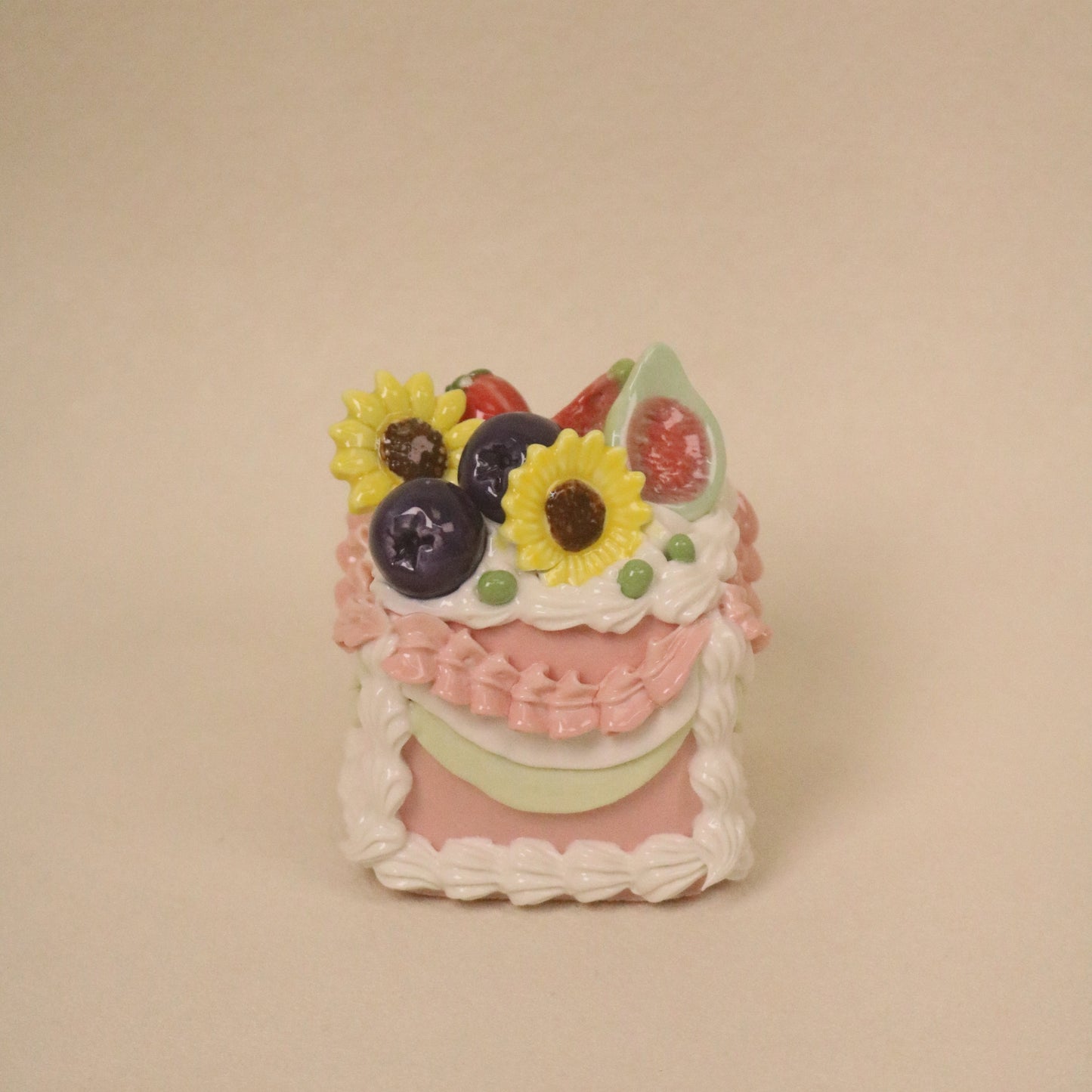 Square Fake Cake Decor, Artisan Ceramic Fruit Cream Sculpture