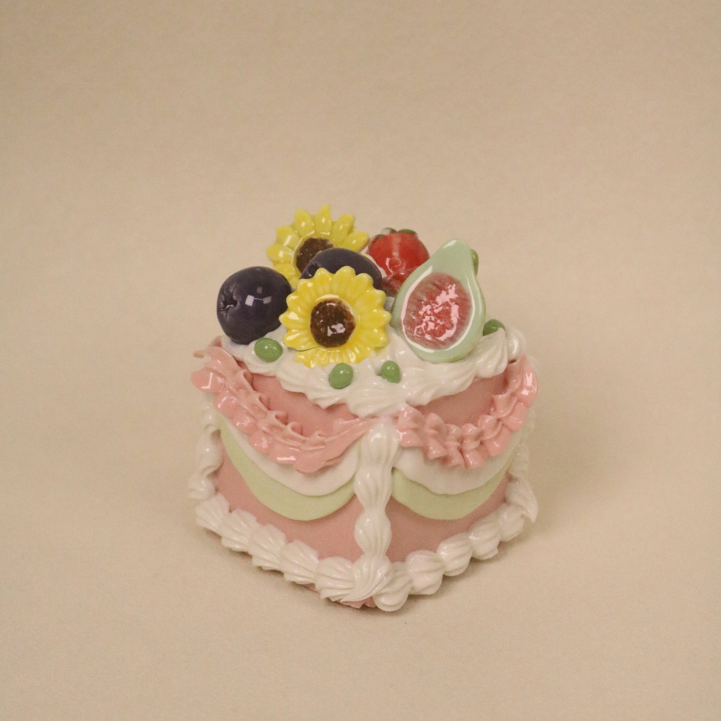 Square Fake Cake Decor, Artisan Ceramic Fruit Cream Sculpture